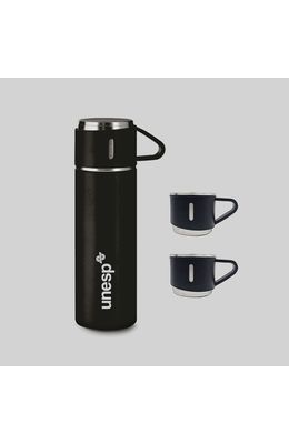 Kit-Garrafa-termica-inox---xicaras-cor-preto-fosco-com-impressao-do-logo-em-branco